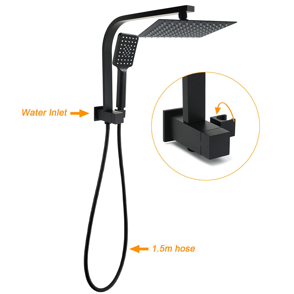 WELS Matt Black 8" Shower Head 3 Modes Handheld Gooseneck Arm Square 2in1 Set Mixer