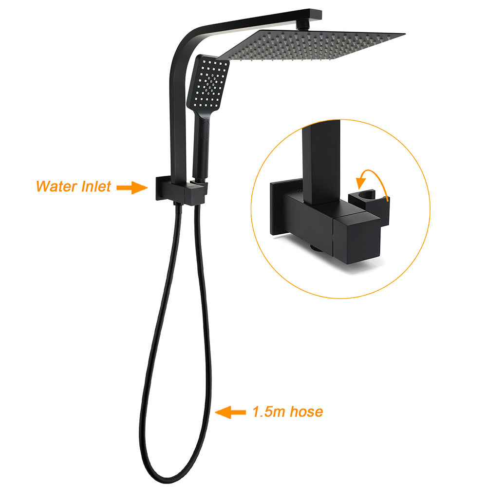 WELS Matt Black Square 10" Shower Head 3 Modes Handheld Gooseneck Arm Twin Taps Set