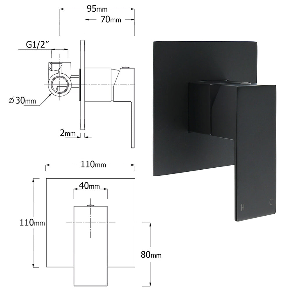 Matt Black Square 10" Thin Shower Head 3 Modes Handheld Gooseneck Arm Twin Set + Mixer