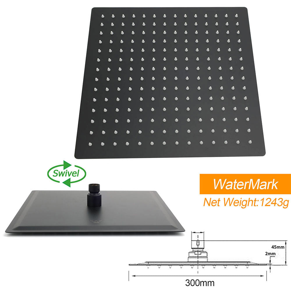 WELS Matt Black Twin Set 12" Large Shower Head 3 Modes Handheld Gooseneck Arm Diverter