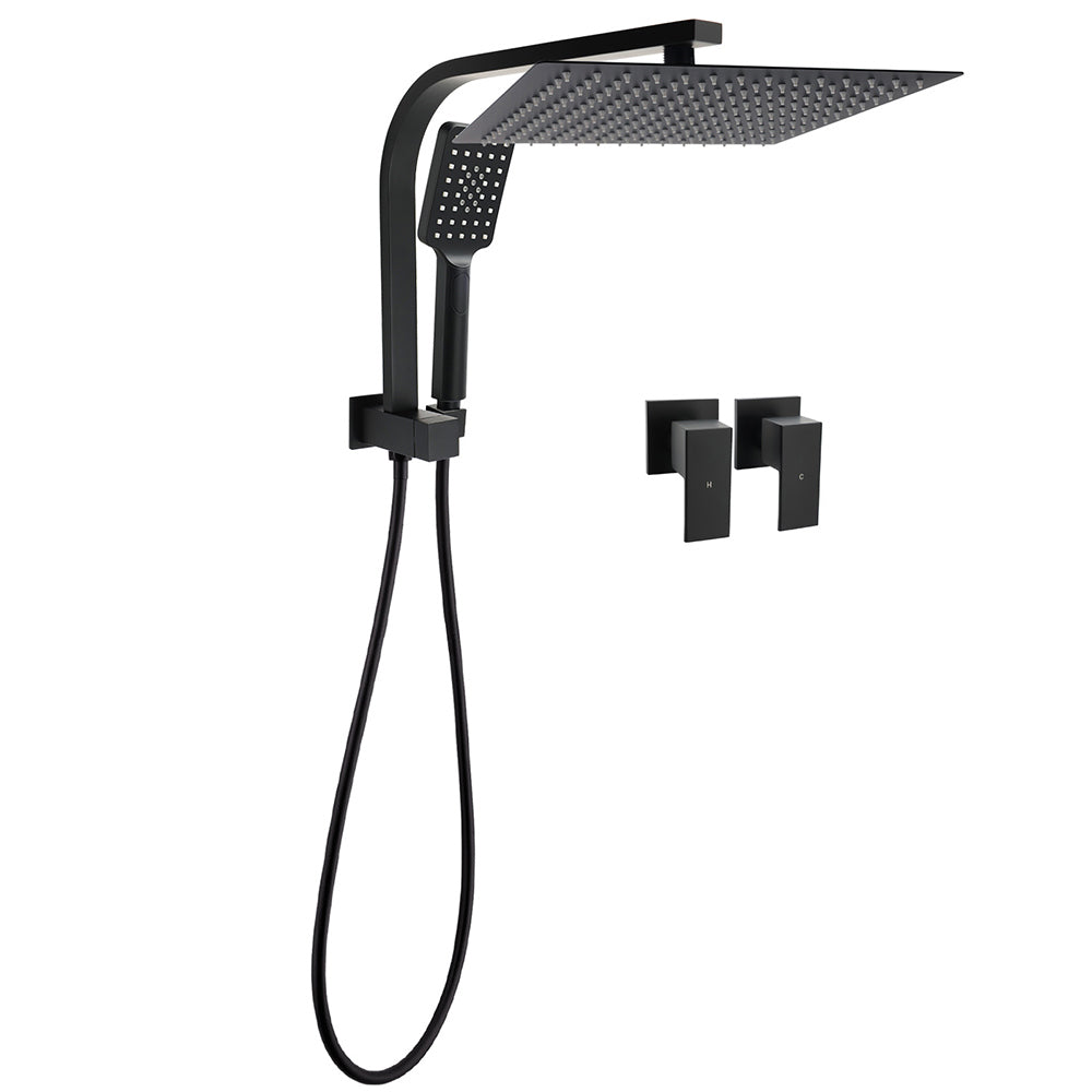 Matt Black Twin Set 12" Large Shower Head 3 Modes Handheld Gooseneck Arm Wall Taps