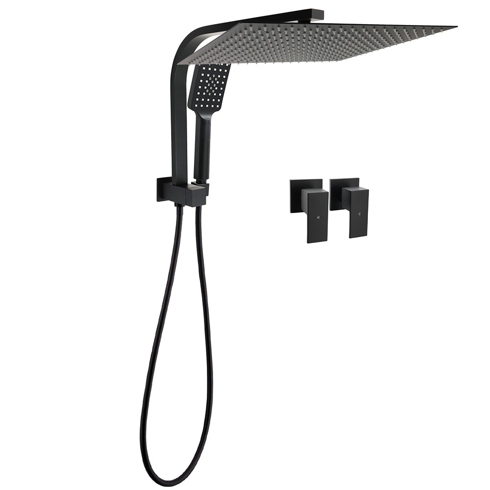 Matt Black 2in1 Set 16" Large Shower Head 3 Modes Handheld Gooseneck Arm Twin Taps Set