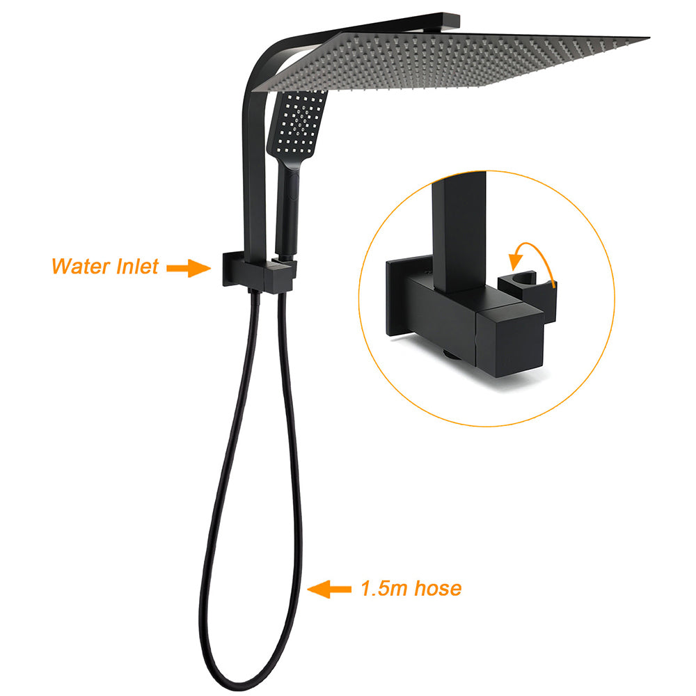 Matt Black 2in1 Set 16" Large Shower Head 3 Modes Handheld Gooseneck Arm Twin Taps Set