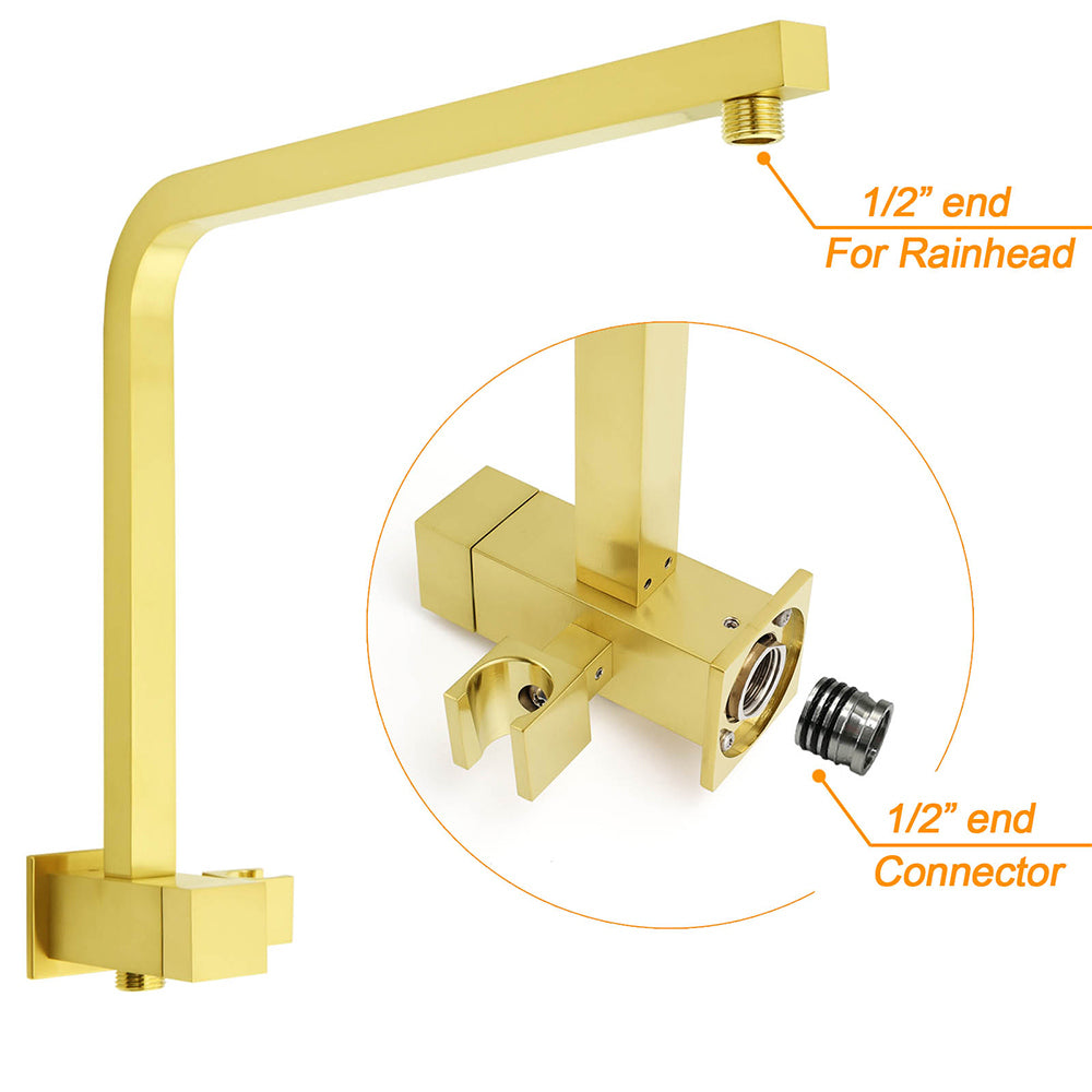 Brushed Gold Twin Shower 10" Rain Head Handheld Diverter Wall Arm Set Square Taps