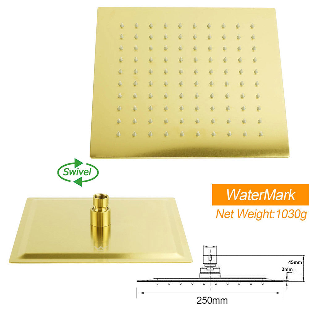 Brushed Gold Twin Shower 10" Rain Head Handheld Diverter Wall Arm Set Square Taps