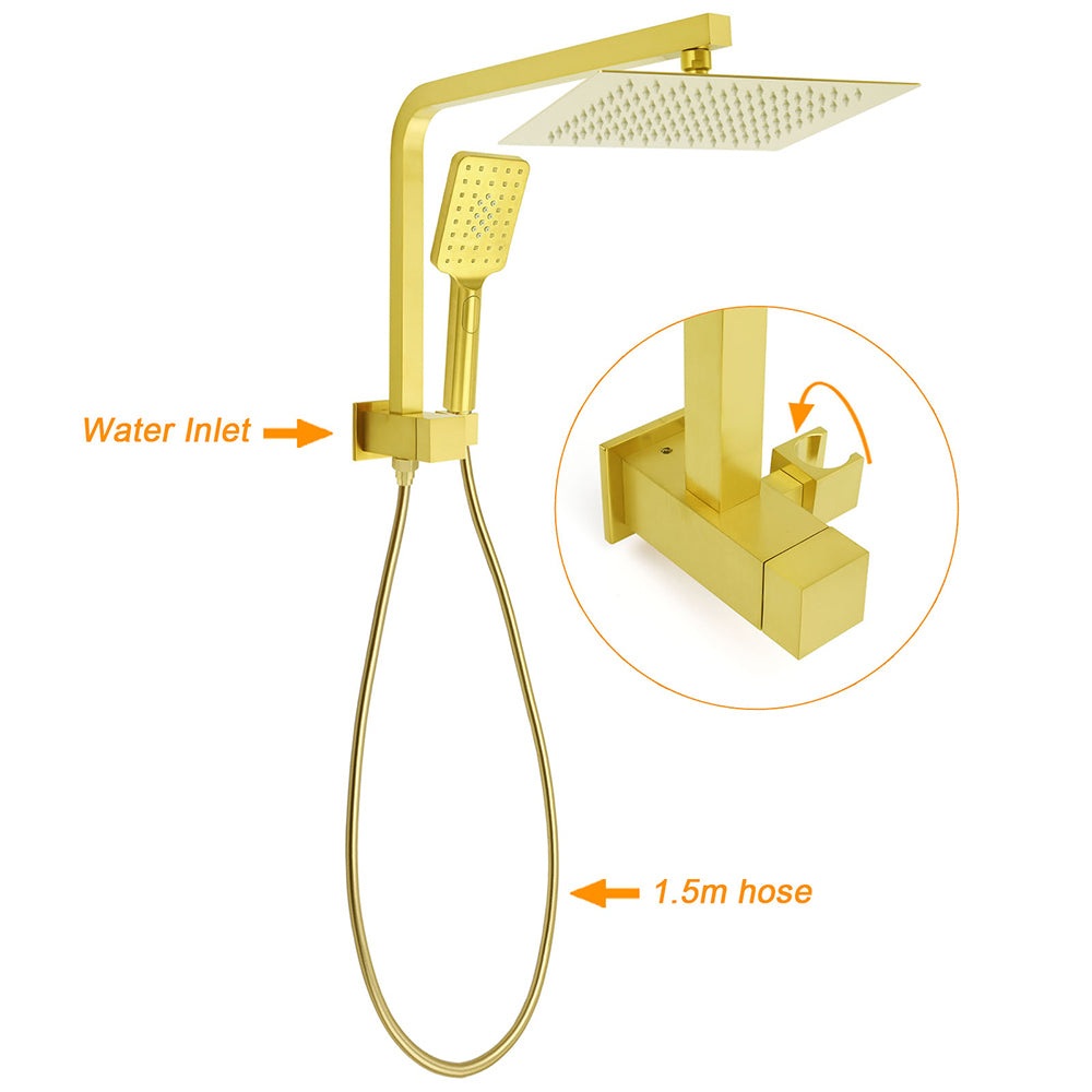 Brushed Gold Twin Shower 10" Rain Head Handheld Diverter Wall Arm Set Square Mixer