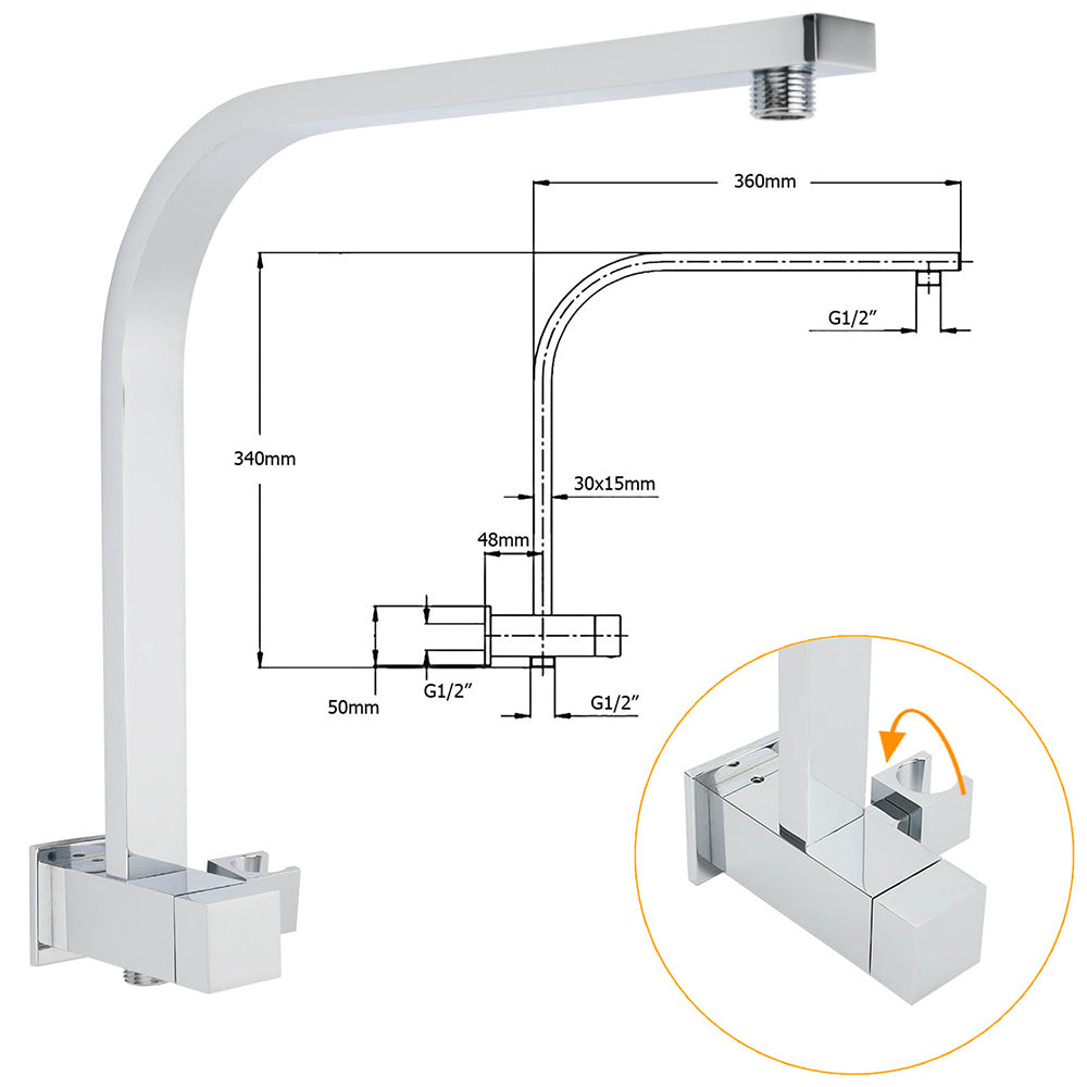 WELS Square Twin Shower Head Chrome 12 inch 3 Mode Handheld Diverter Wall Arm Set