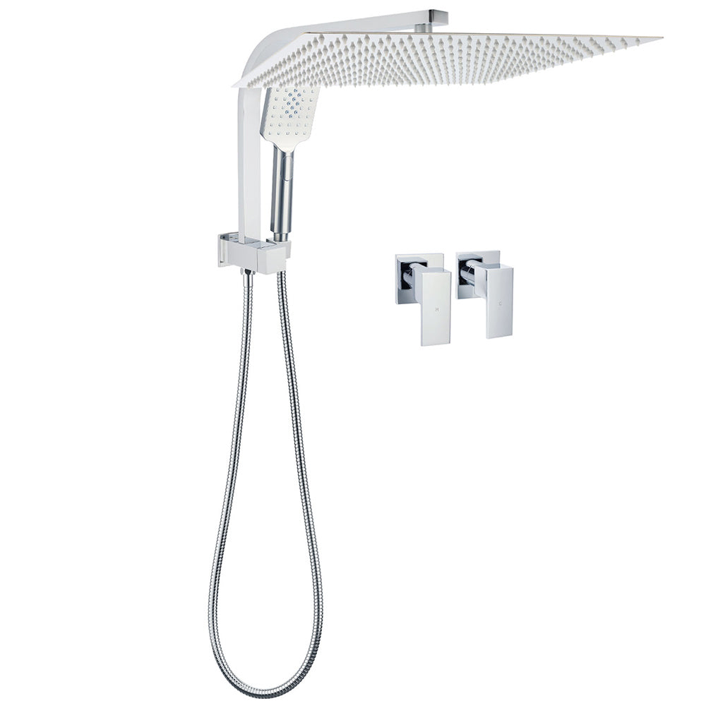 WELS Square Extra Large 16" Shower Head 3 Mode Handheld Diverter Wall Arm 2in1 Set + Taps