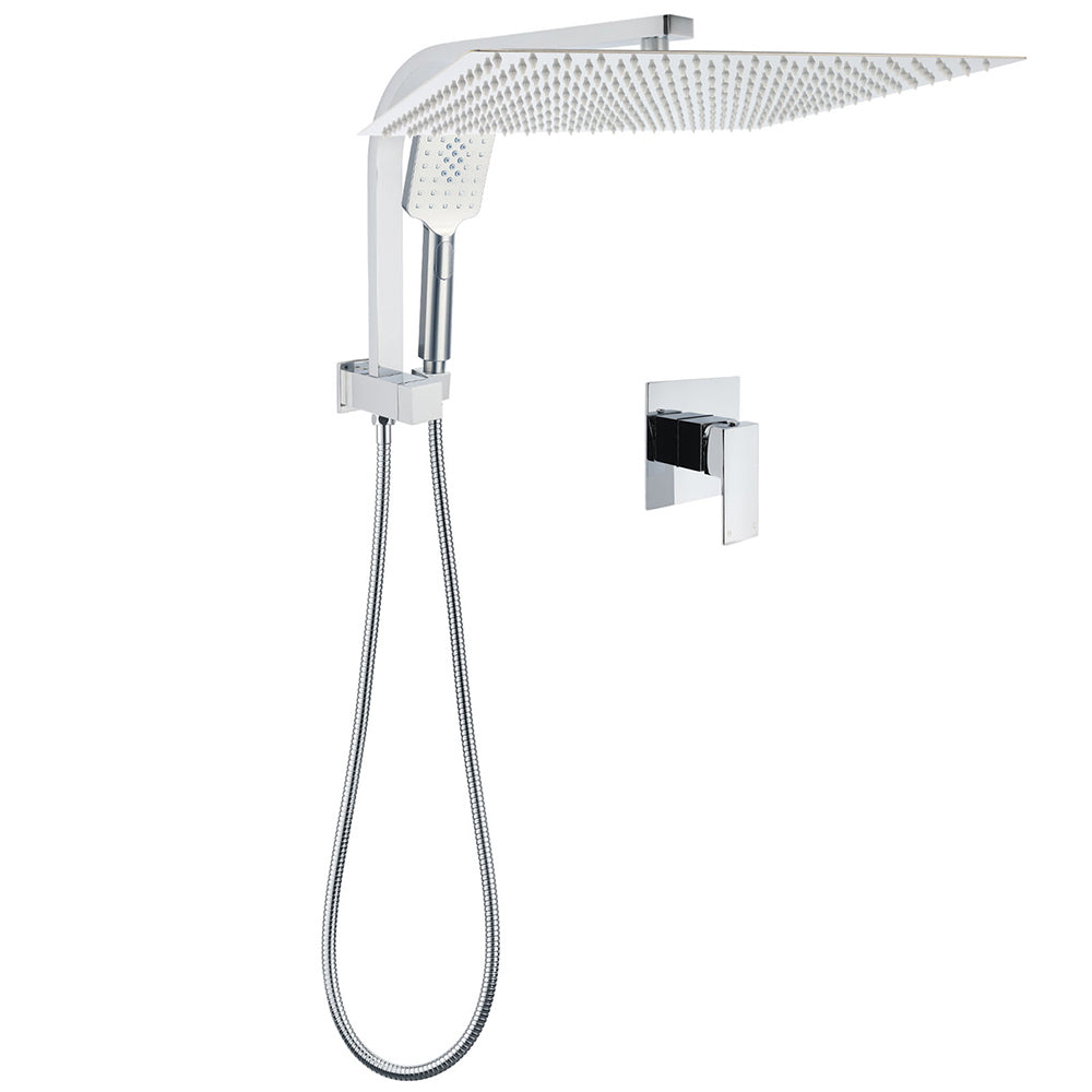 WELS Square Chrome 16" Large Shower Head 3 Mode Handheld Diverter Wall Arm 2in1 Set + Mixer