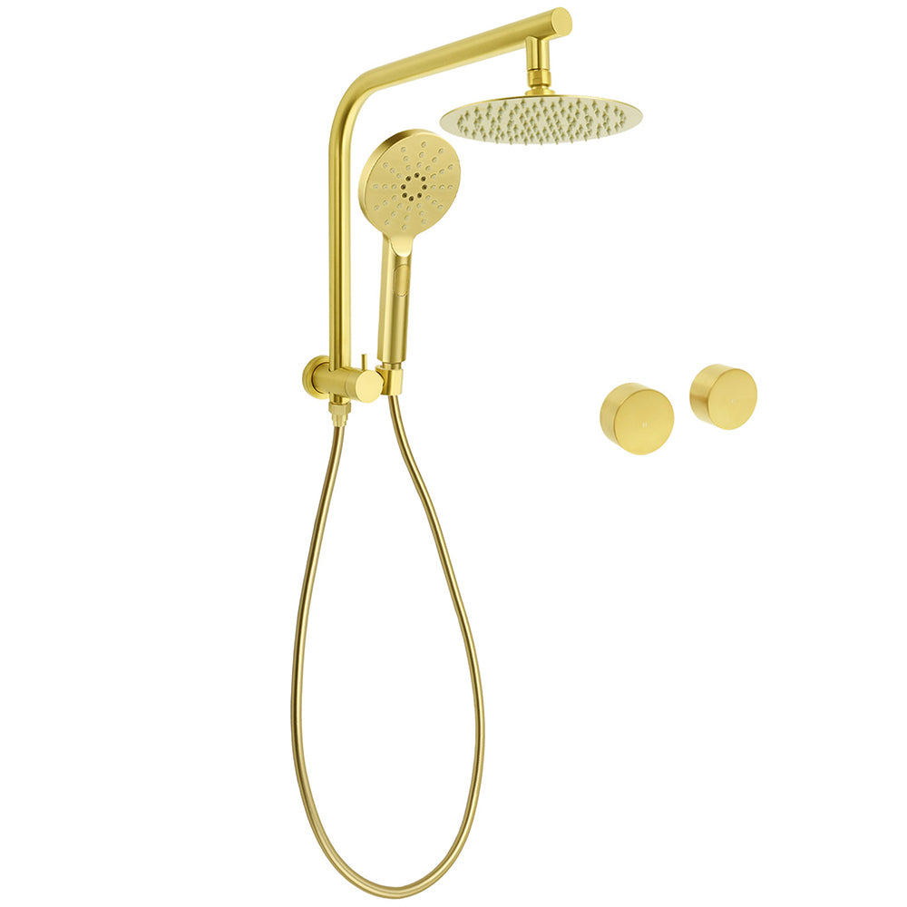 WELS Brushed Gold Round Dual Shower Head Set Simple Hold Handheld Gooseneck Arm Twin Taps