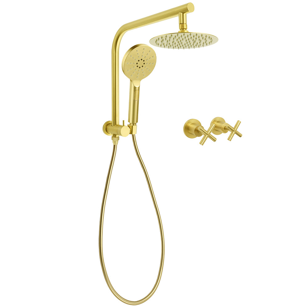 WELS Brushed Gold Round 2in1 Shower Head Set Diverter Wall Arm Metal Handheld With Mixer