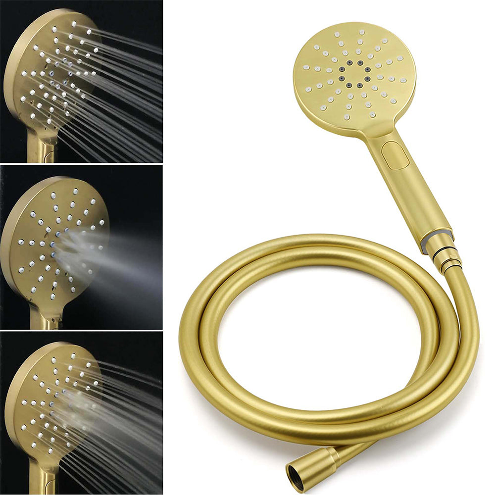 Brushed Gold Round 12" Rain Shower Head 3 Mode Handheld Diverter Wall Arm Set