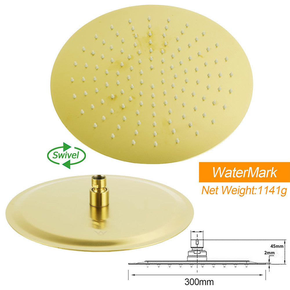 WELS Brushed Gold 2in1 Set Round Large 12" Rain Shower Head 3 Mode Handheld Wall Arm Small Face Mixer
