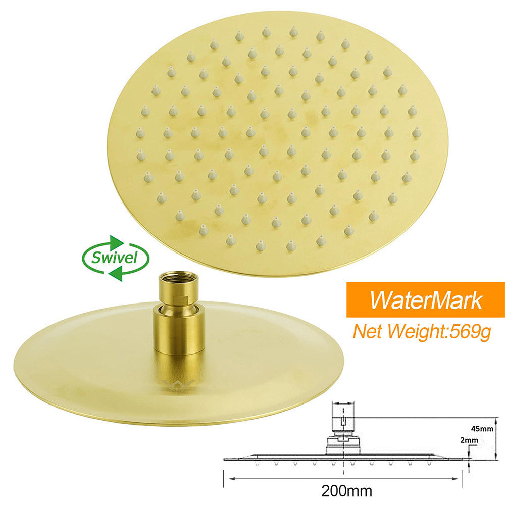 WELS Brushed Gold Round Twin Shower Head Set Diverter Wall Arm Stainless Steel Handheld Rose