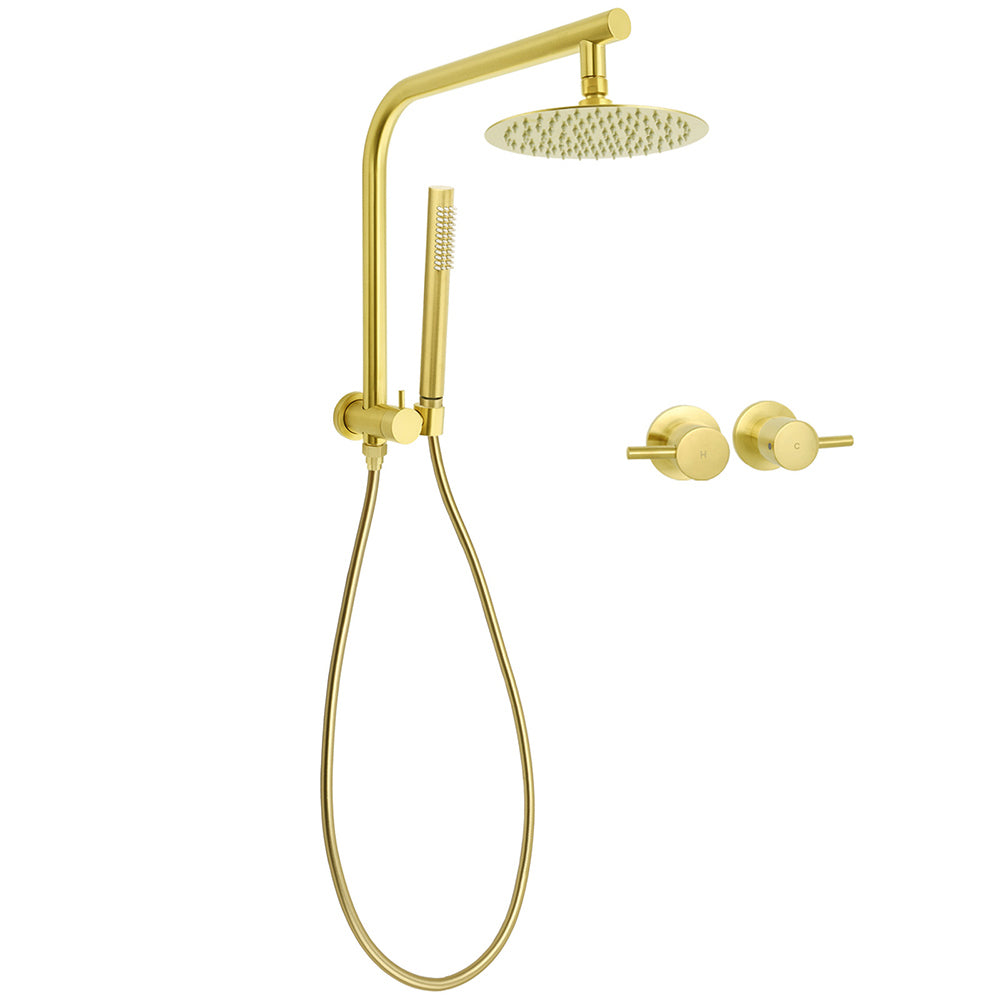 WELS Brushed Gold Round 2in1 Shower Head Set Diverter Wall Arm Stainless Steel Handheld + Taps