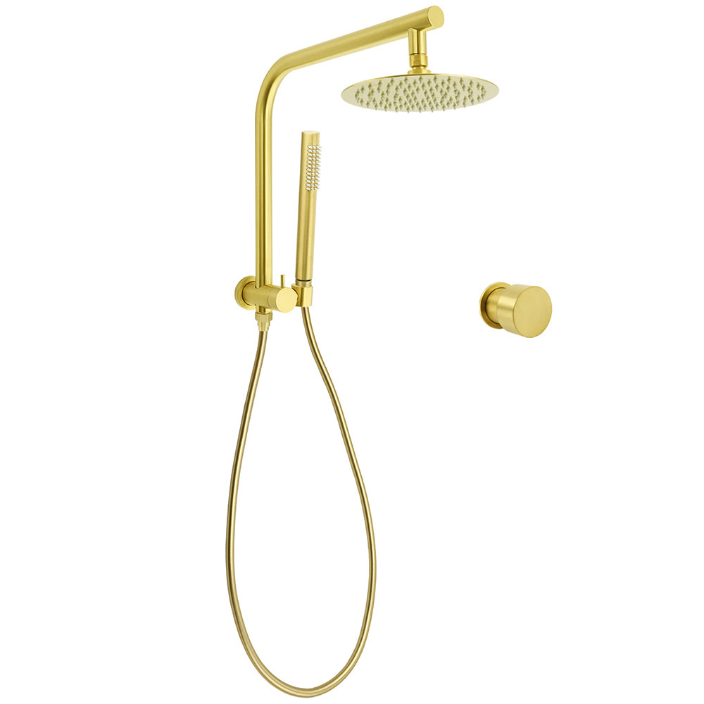 WELS Brushed Gold Round Dual Shower Head Set Single Mode Handheld Gooseneck Arm Wall Mixer