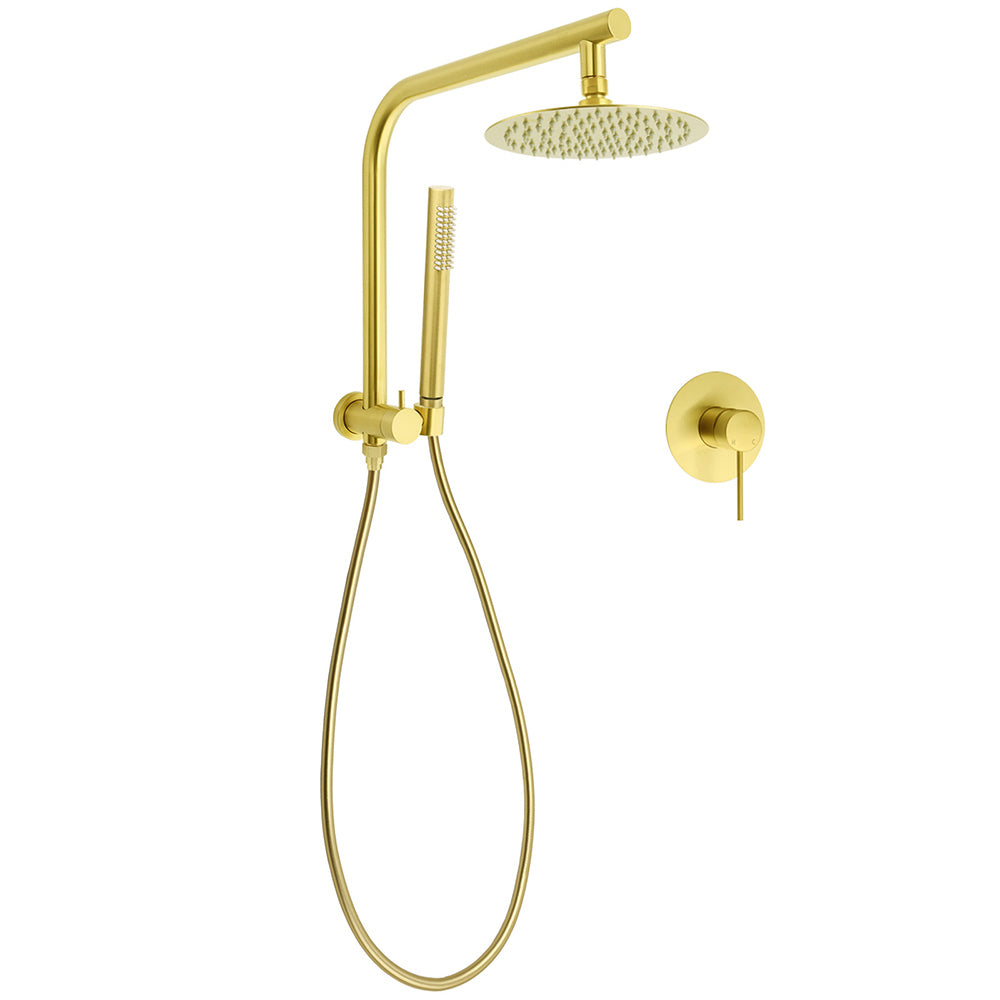 WELS Brushed Gold Round Twin Shower Head Set Diverter Wall Arm Single Mode Handheld Wall Mixer
