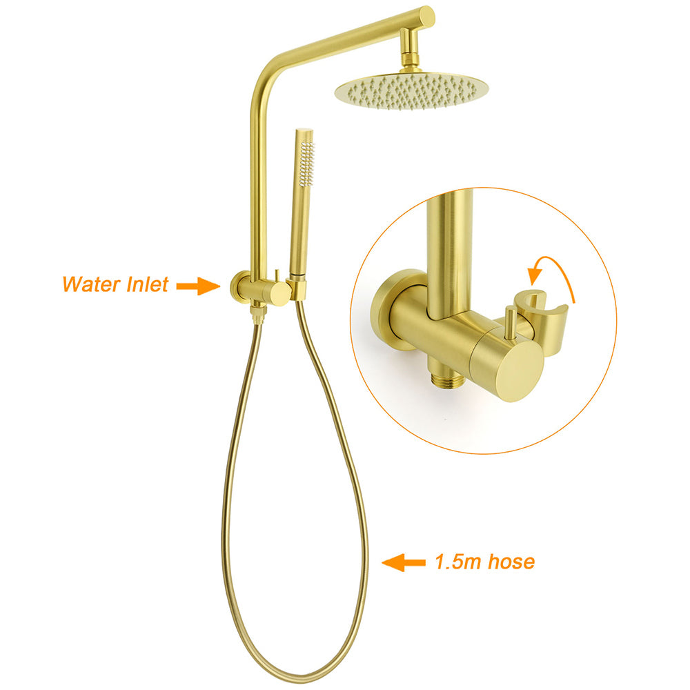 WELS Brushed Gold Round Twin Shower Head Set Diverter Wall Arm Single Mode Handheld Wall Mixer