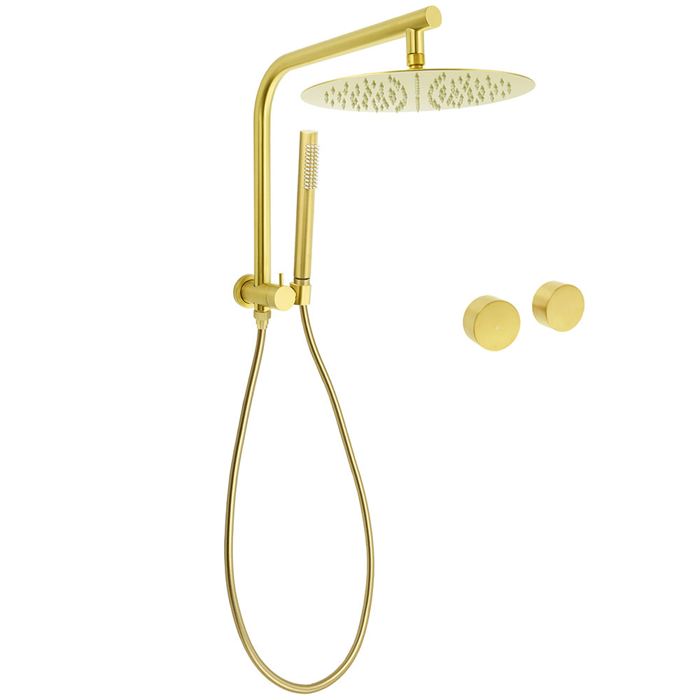 WELS Brushed Gold Large 12" Rain Shower Head Ergonomic Handheld Rose Diverter Twin Taps Combo