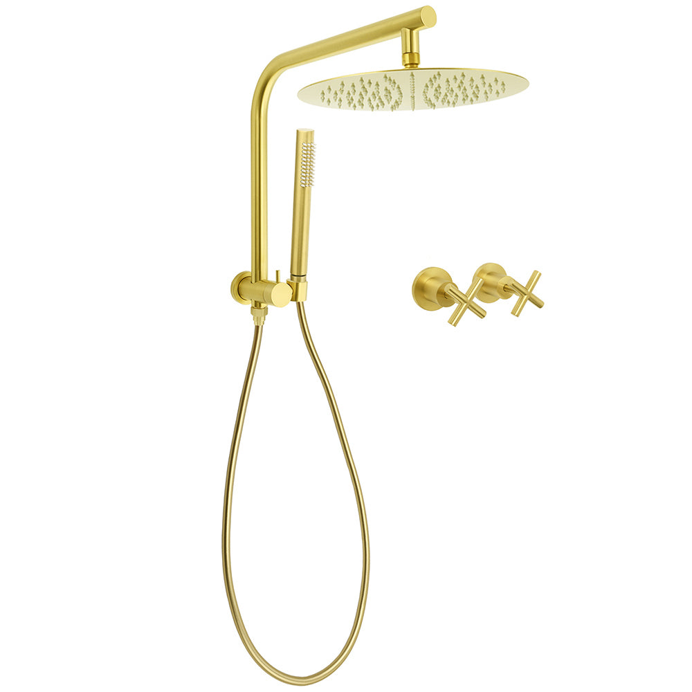 Brushed Gold 2in1 Round Large 12" Rainfall Shower Head Metal Handheld Wall Arm Bath Mixer