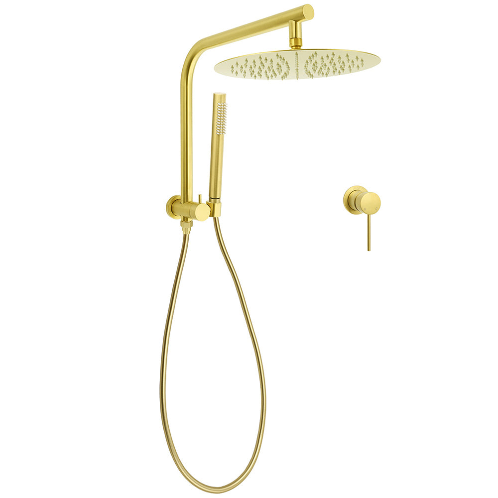 Brushed Gold Round Large 12" Rain Shower Head Stainless Steel Spray Handheld Wall Small Face Mixer Set