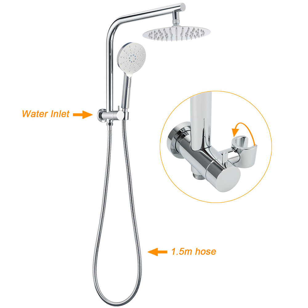 WELS Twin Shower 8" Round Chrome Head 3 Mode Handheld Rose Gooseneck Arm Taps Set