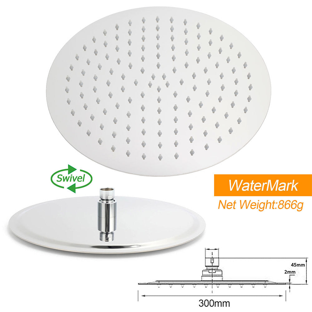 Chrome 2in1 Round Shower Head Set 12" Rainfall & 3 Mode Handheld Gooseneck Arm