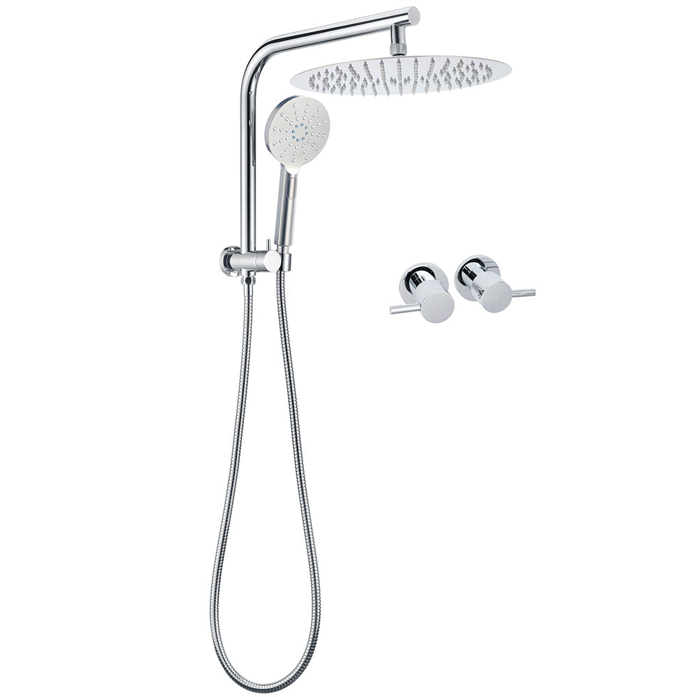 WELS Chrome Double Round Shower Head Set 12" Rainfall & 3 Mode Handheld Gooseneck Arm Twin Taps