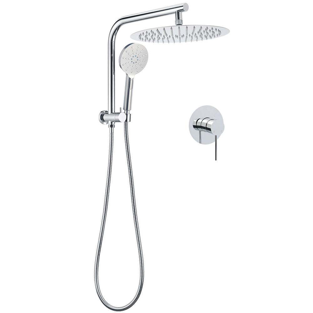 WELS Chrome Double Round Shower Head Set 12" Rainfall & 3 Mode Handheld Gooseneck Arm Mixer