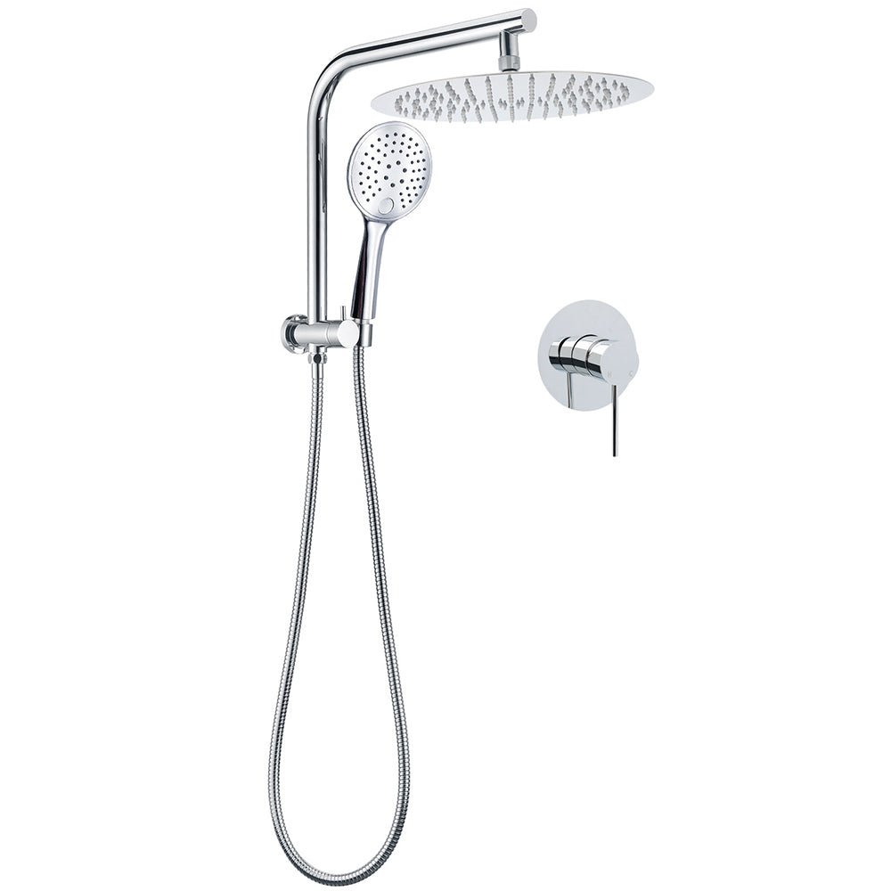 WELS 2in1 Round 12" Shower Head 3 Mode Handheld Drill Free Gooseneck Arm Diverter Set + Mixer