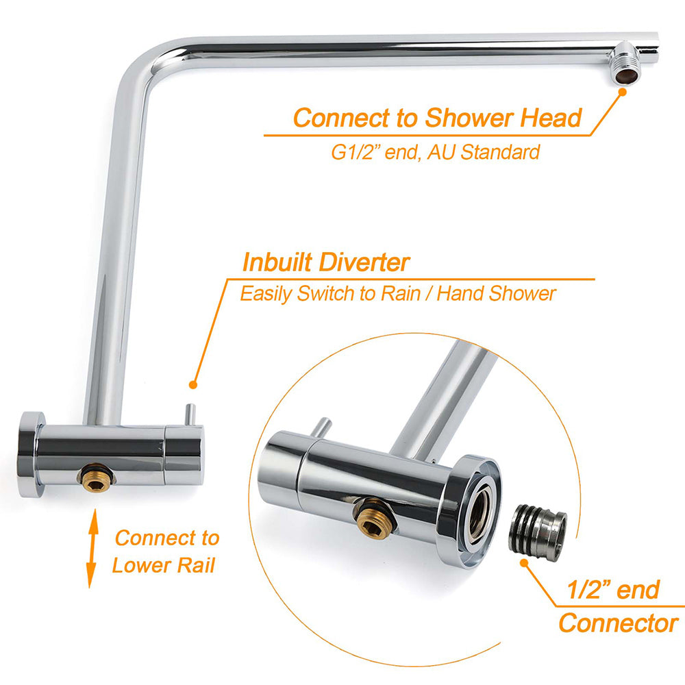Chrome Double Square 8" Shower Head Set 3 Function Handheld Rail Diverter Arm + Taps