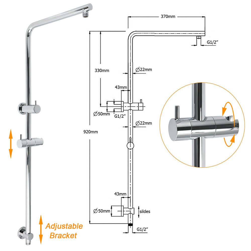 Chrome 250mm Rain Shower Head Round Handheld Sliding Rail Diverter Arm Twin Taps Set