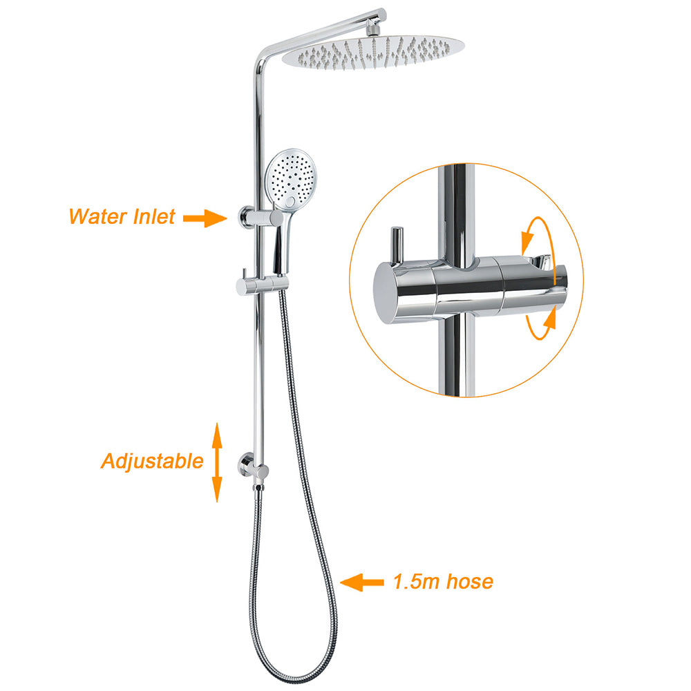 WELS Round Shower Head Handheld Sliding Rail Arm Chrome 12" Rainfall 2in1 Mixer Set