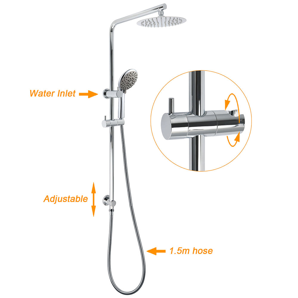 WELS Chrome Dual 8" Slim Rain Shower 5 Modes Rose Mixer Valve Sliding Rail Set + Taps