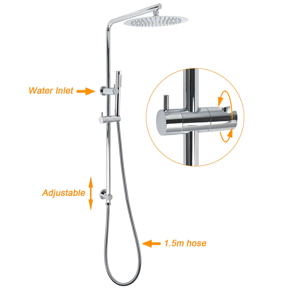 WELS 2 In 1 Shower Head Set Sliding Rail 3 Mode Handheld Arm 10" Round Chrome Mixer