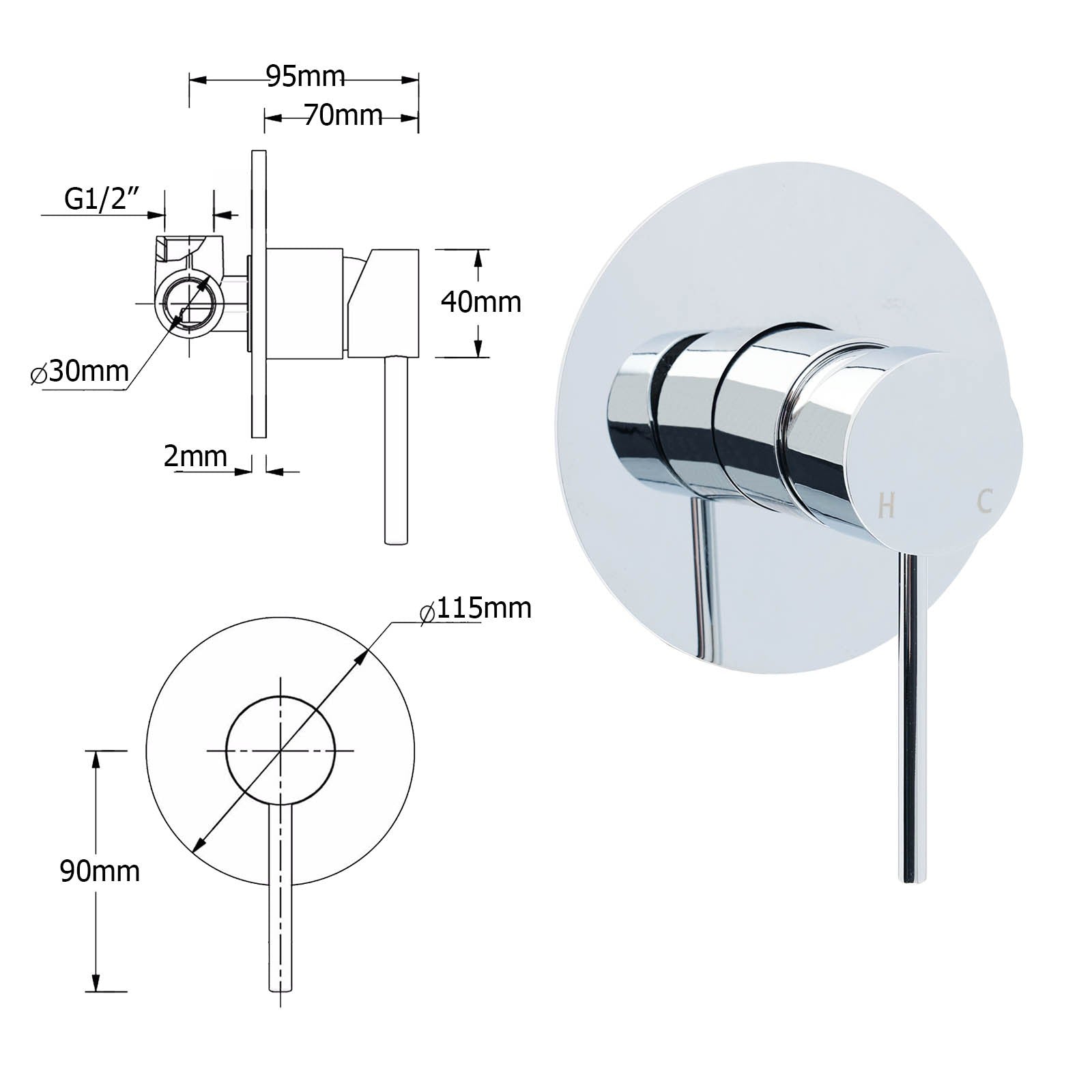 WELS 2 In 1 Shower Head Set Sliding Rail 3 Mode Handheld Arm 10" Round Chrome Mixer