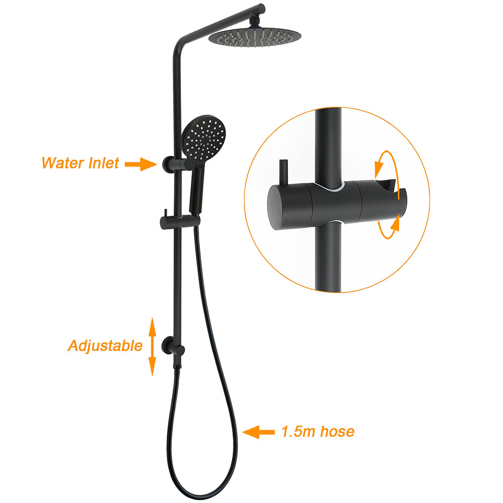 WELS Matt Black Round 2in1 8" Shower Head Sliding Rail Arm 3 Modes Handheld Set