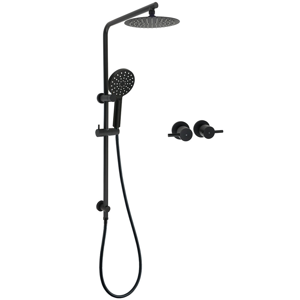 WELS Matt Black Round 2in1 8" Shower Head Sliding Rail Arm 3 Modes Handheld Twin Taps