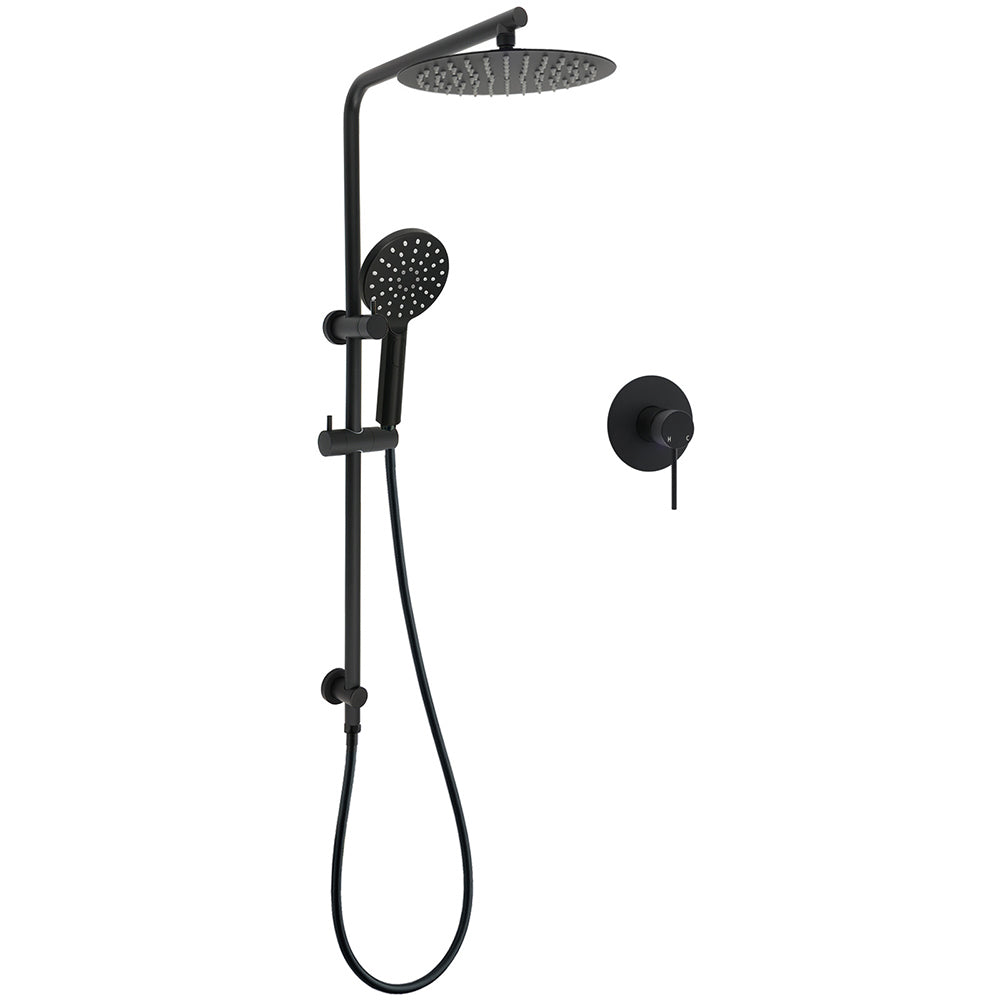 WELS Matt Black 10" Shower Rain Head Handheld Silde Wall Arm Rail Dual Set Mixer