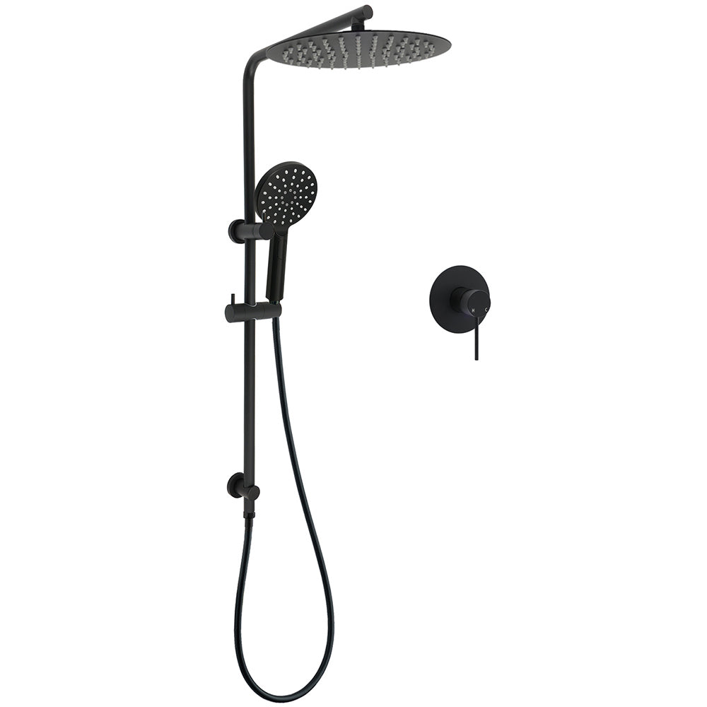 WELS Matt Black Dual Shower 12" Large Shower Rain Head + Handheld Silde Wall Rail Mixer Set