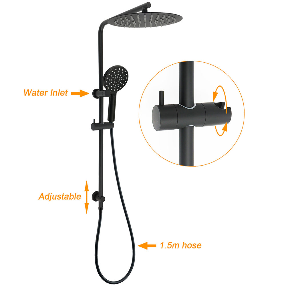 WELS Matt Black Dual Shower 12" Large Shower Rain Head + Handheld Silde Wall Rail Mixer Set