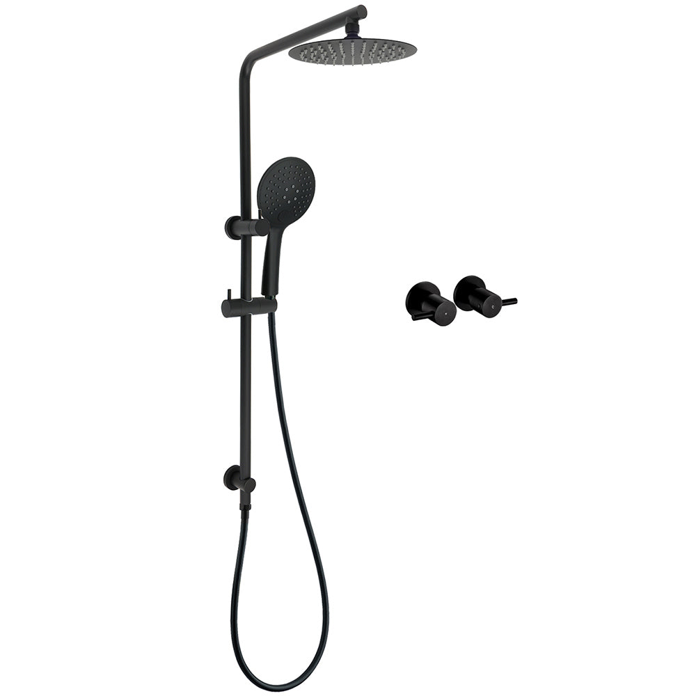 Matt Black Round 8" Shower Head Sliding Rail Arm 3 Modes Handheld Arm Dual Set + Taps