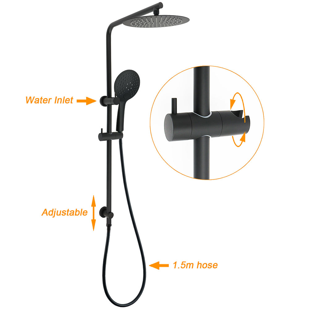 Matt Black Twin Shower Head 3 Modes Handheld 2in1 Wall Rail Arm Round 10 Inch