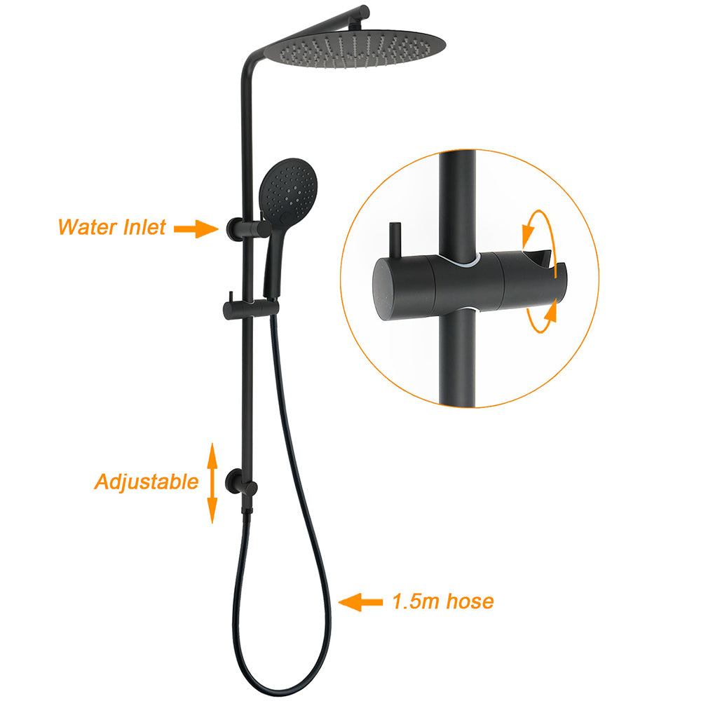 Matt Black Shower Set 12" Large Rain Head Handheld Sliding Rail Arm Round WELS