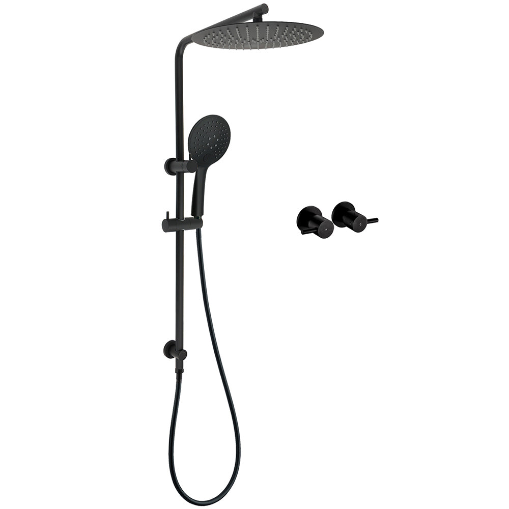 WELS Matt Black Shower Set 12" Large Rain Head Handheld Sliding Rail Arm Round Taps