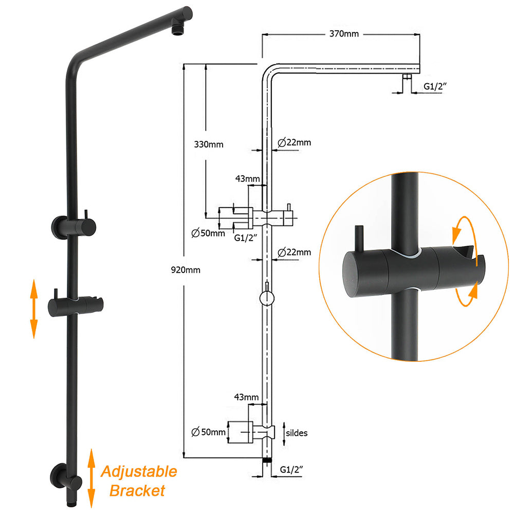Matt Black Round 9" Rainfall Head Handheld Sliding Rail Wall Arm Dual Shower Mixer Set