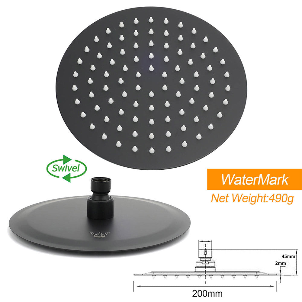 Matt Black Round 8" Rain Shower Head 3 Mode Handheld 2 in 1 Wall Arm Taps Set