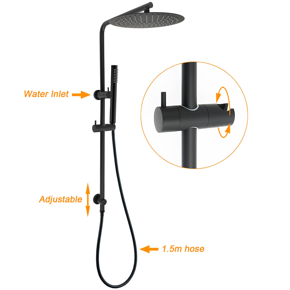 Matt Black Round 300mm Rain Shower Head Brass Handheld Riser Rail Set Diverter Mixer