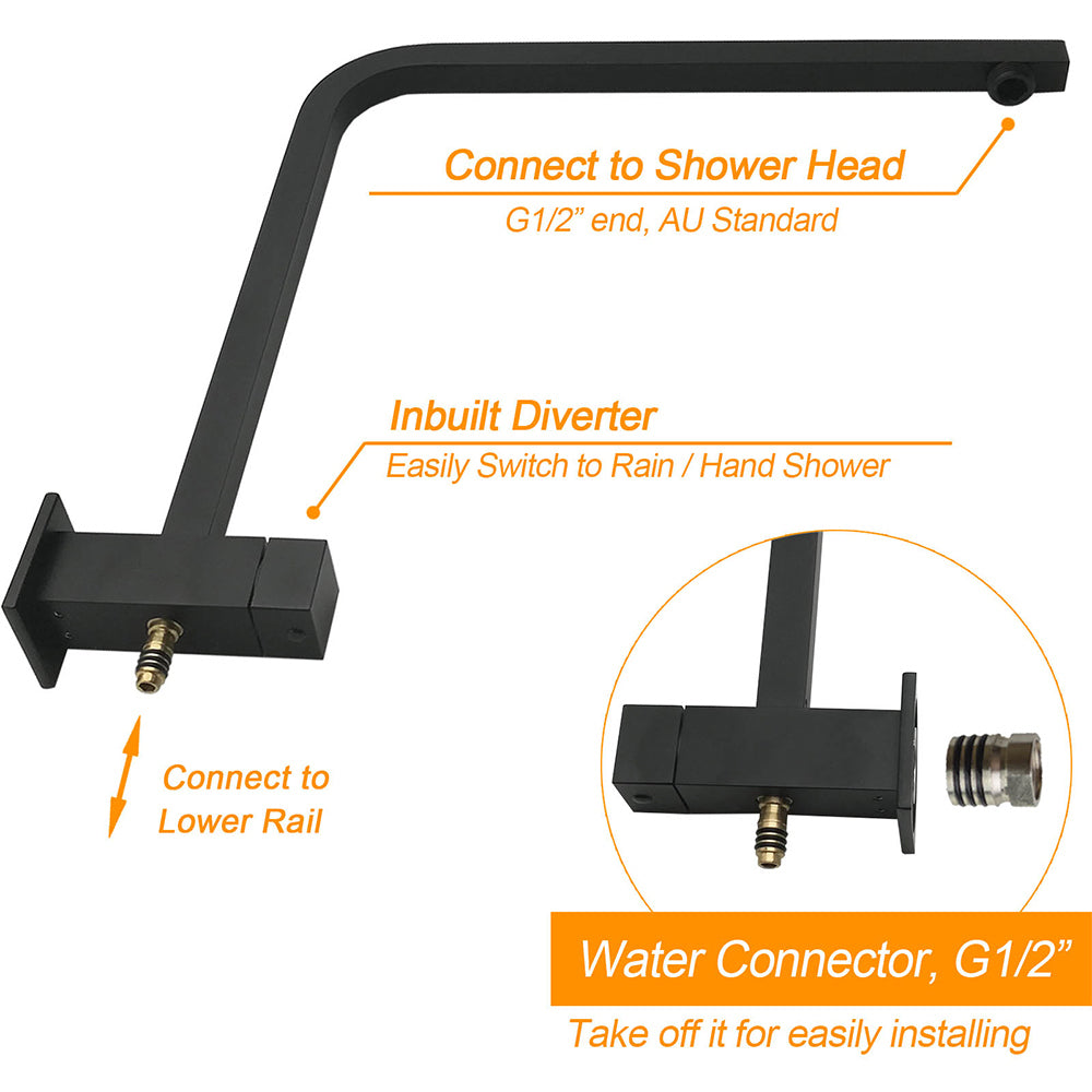 WELS Matt Black 8" Rainfall Shower Head 3 Modes Handheld Wall Rail Arm 2in1 Set