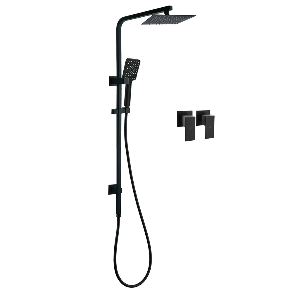 WELS Matt Black 8" Rainfall Shower Head 3 Modes Handheld Wall Rail Arm 2in1 Taps Set